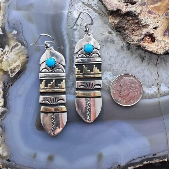 Tommy &Rosita Singer Sterling &Gold Filled Dot Turquoise Feather Dangle Earrings - Picture 8 of 10